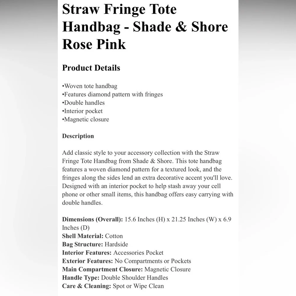 Shade & Shore Pink Straw Fringe Beach Tote Handbag
